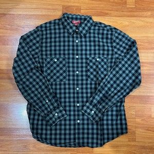 Men's Plaid Checkered Black Gray Button Down Long Sleeve Collared Shirt